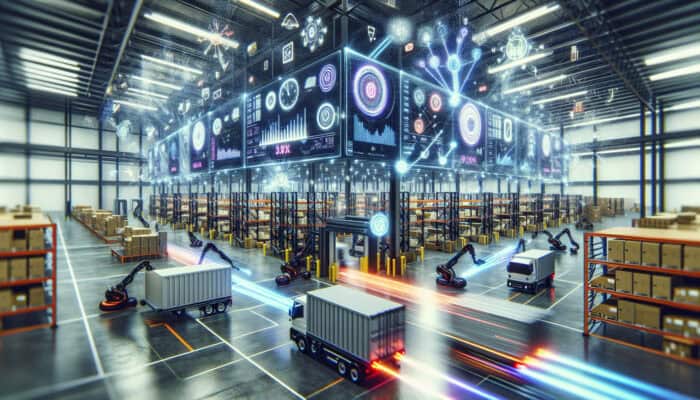 Agile robots in a warehouse efficiently moving clearance items to dynamically adjusted trucks, with digital screens displaying inventory and orders.