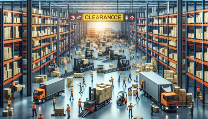 A bustling warehouse scene where clearance items are being loaded onto trucks, showcasing efficient logistics with workers and machinery.