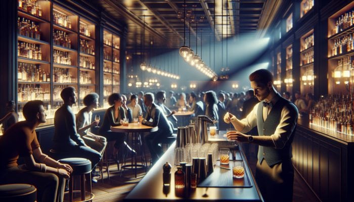 Dimly lit upscale Las Vegas bar with bartender crafting whiskey sours, patrons enjoying vibrant atmosphere.