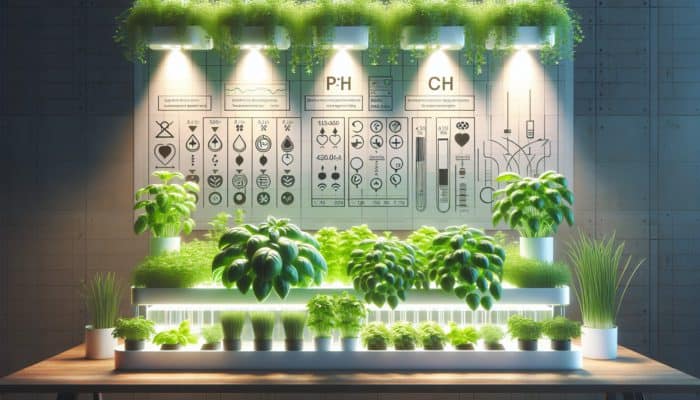 A vibrant hydroponic herb garden with basil, mint, cilantro, LED lights, and clear water reservoirs.