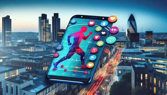 Best Fitness Apps for Women: A smartphone displaying a vibrant fitness app with user-friendly navigation, workout tracking, nutrition logs, and sleep analysis, set against a UK cityscape.