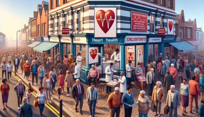 Cholesterol Blood Test in Blackpool: A vibrant Blackpool street scene with people getting cholesterol tests at a health clinic, promoting heart health awareness.