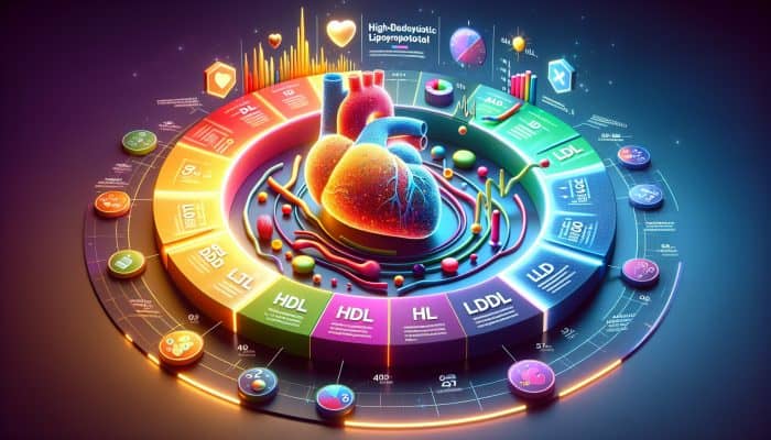 Infographic showing HDL and LDL cholesterol levels, color-coded sections, and artery plaque buildup.