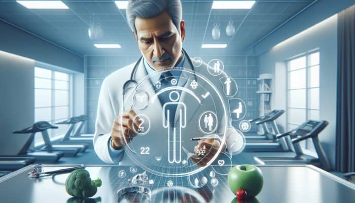 A healthcare professional analysing a patient's cholesterol results on a medical chart in a clinic.