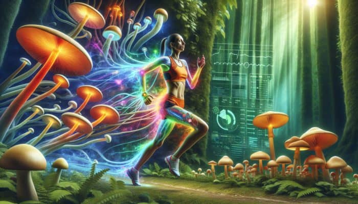 A person running a marathon, energised by glowing mushroom supplements in a mystical forest filled with vibrant mushrooms.