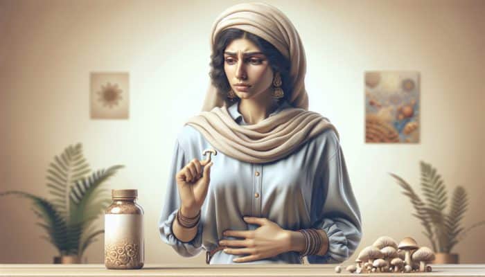 A person with slight bloating, deep in thought, holding mushroom supplements in a calm, neutral room.