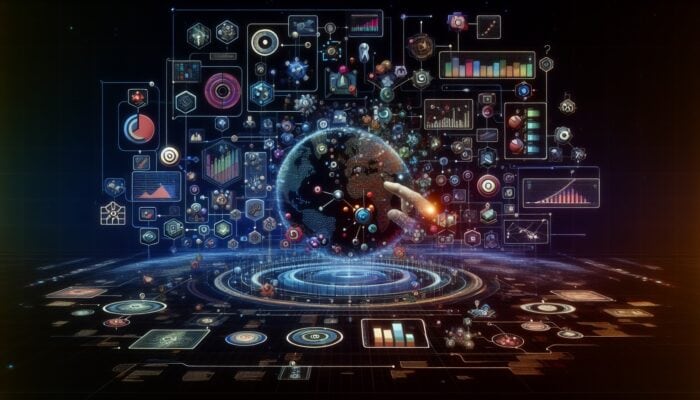 A futuristic digital interface with graphs and charts analyzing keywords, icons for search volume, trends, and user intent, global network backdrop.