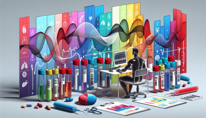 A blood test setup with vials labeled cholesterol, glucose, liver, and kidney, and a person reviewing results.