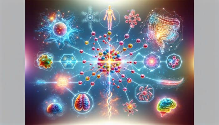 A vibrant molecular structure of glutamine with glowing representations of protein synthesis, immune cells, gut health, and brain neurons, connected by radiant energy flows.