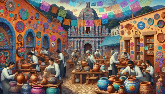 Artisans in San Miguel de Allende crafting pottery, blending indigenous and Spanish styles, amidst colourful festival decorations.