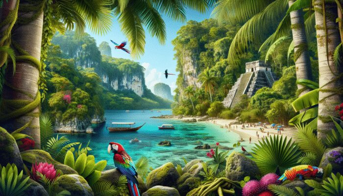 Guidebook cover showcasing Shyne, Belize's jungles, ruins, waters, with a parrot and tropical flowers.