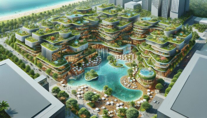 Aerial view of Ramon's Resort in 2025, featuring eco-friendly architecture, tropical gardens, and luxury amenities.