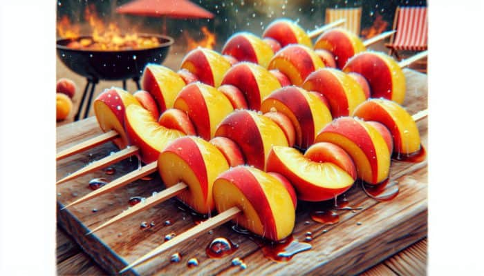 Fresh peach wedges on skewers, soaked in lemon juice, ready for grilling at a summer barbecue.