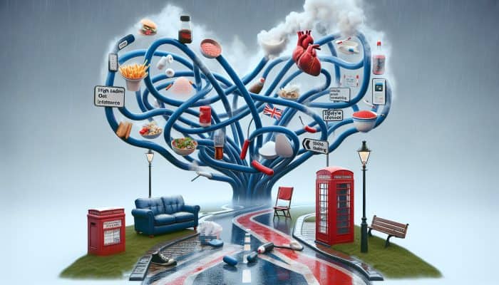 Managing High Blood Pressure in Men: Diagram of genetic factors, diet high in sodium and fats, and UK lifestyle choices contributing to high blood pressure.