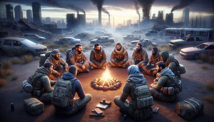 Diverse survival experts discussing trust around a campfire, ruined city at dusk.