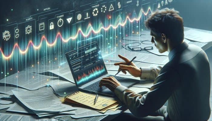 Individual configuring credit monitoring on a laptop with documents, a checklist, and notifications for new accounts and credit score alterations.