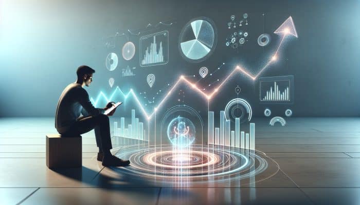 Individual monitoring credit score on a device, surrounded by financial charts, focusing on consolidation phase reports.