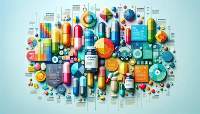 A vibrant infographic featuring tips on creating supplement-centric content, showcasing vitamins and capsules.