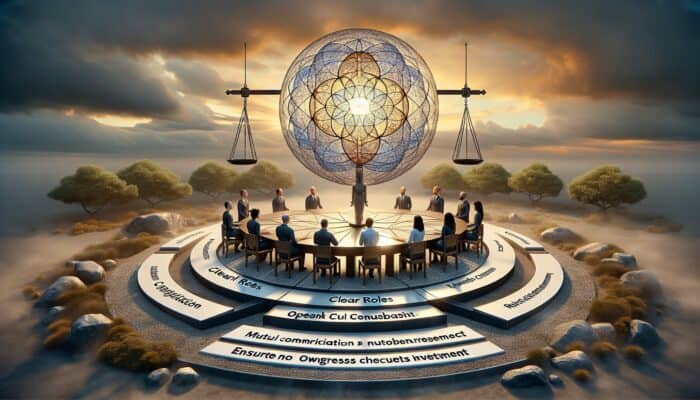 An infographic illustrating experts collaborating with defined roles, mutual respect, and open communication.