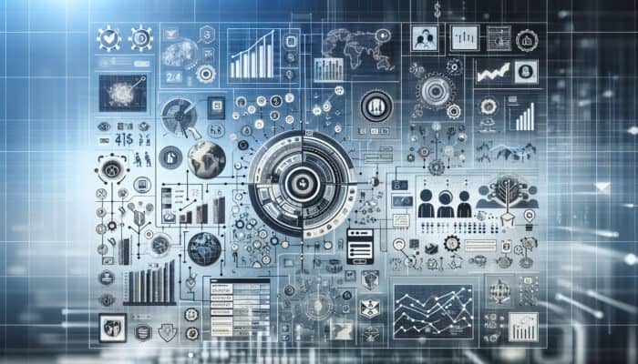 Infographic illustrating various components of tech company research: financial metrics, product analysis, market trends, featuring symbols and graphs on a technology-themed backdrop.