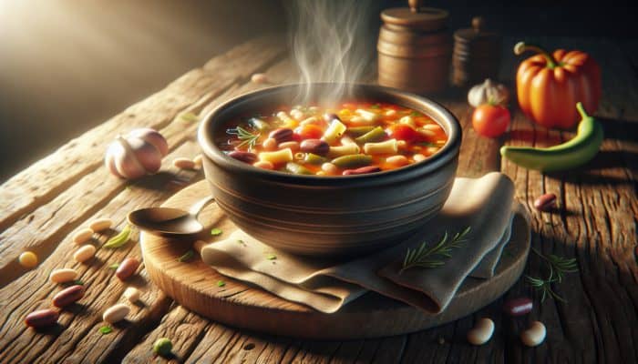 Best Fall Soup Recipes for Cozy Nights: A steaming bowl of authentic Italian minestrone soup with beans, pasta, and seasonal vegetables on a rustic table.