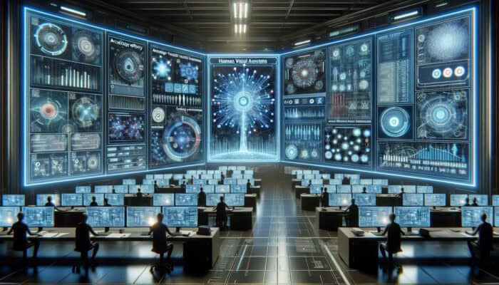 Futuristic control room with holographic screens showing HVA accuracy and efficiency data, operators monitoring performance.