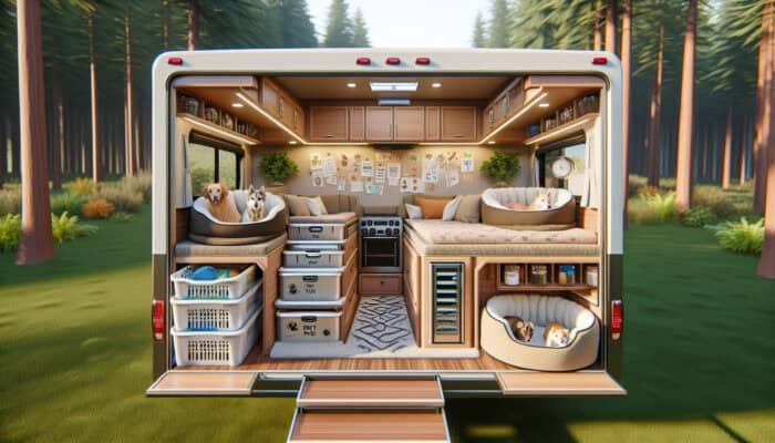 A cozy RV interior designed for pets with space to play, sleep, and store supplies, in a serene camping scene.