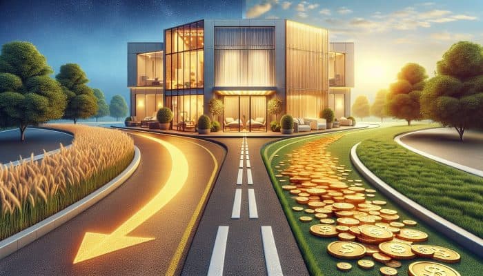 Person at crossroads choosing between free NHS clinic and private clinic costing £30-£150 for cholesterol test.