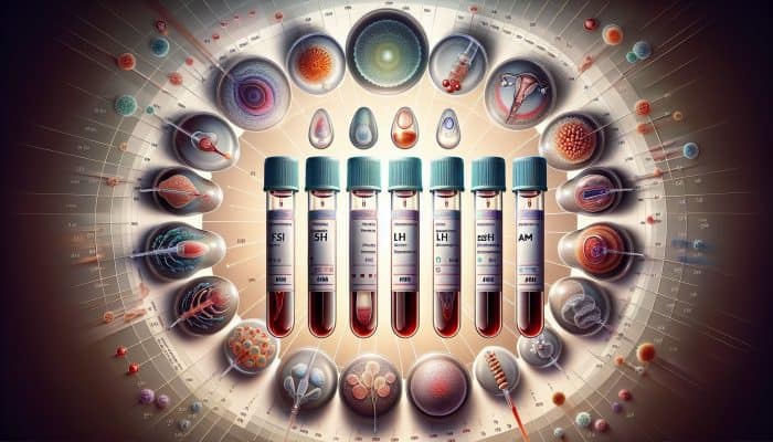 Fertility Blood Test in Bearsden: A detailed medical illustration of a fertility blood test with hormone markers and ovarian follicles.