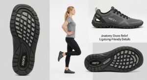 A woman stands in profile wearing black leggings, a gray t-shirt, and black Xero Shoes. Close-ups showcase the shoe's tread, side view, and top view. Text on the image reads: "Anatomy Shoes Relief—Ligatomg-Friendly Details for Improved Posture.