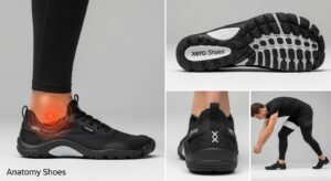 A collage of four images showcasing black Xero Shoes. Close-ups highlight the sole, back, and side, with a man stretching in them. An orange graphic on one foot emphasises ankle support for improved posture and potential back pain relief.