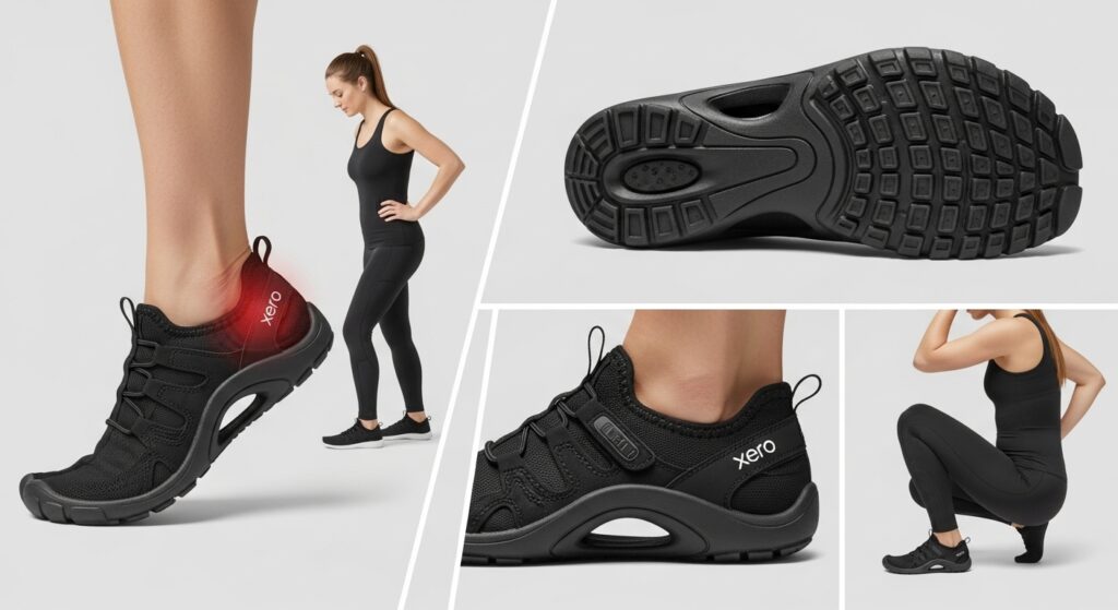 An engaging collage of images featuring a woman in black athletic wear and Xero Shoes, demonstrating various positions like standing and squatting. Close-ups of the shoes from different angles highlight their design, while a red accent on her ankle draws attention to enhanced posture.