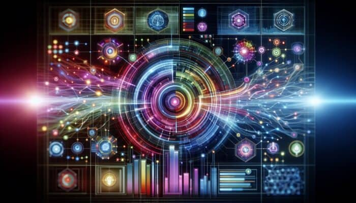 An advanced dashboard displaying graphs, data streams, and interconnected nodes signifying machine learning for analytics.