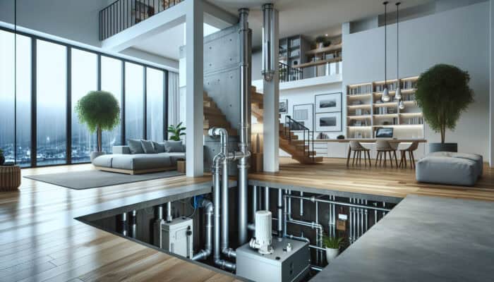 Modern Port Moody home interior with sump pump and French drain system managing water flow.