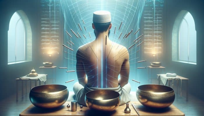 A patient receiving acupuncture with needles, surrounded by sound therapy bowls in a serene spa setting.