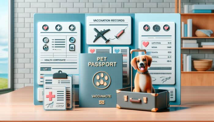 International Travel Documents for Pets: A pet passport, health certificate, and vaccination records on a table, with a suitcase and a joyful dog, ready for international travel.