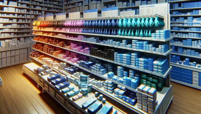 Nitrile Gloves in Cheltenham: Display of various nitrile gloves including blue medical-grade and black industrial-grade options, available in sizes small to extra-large.