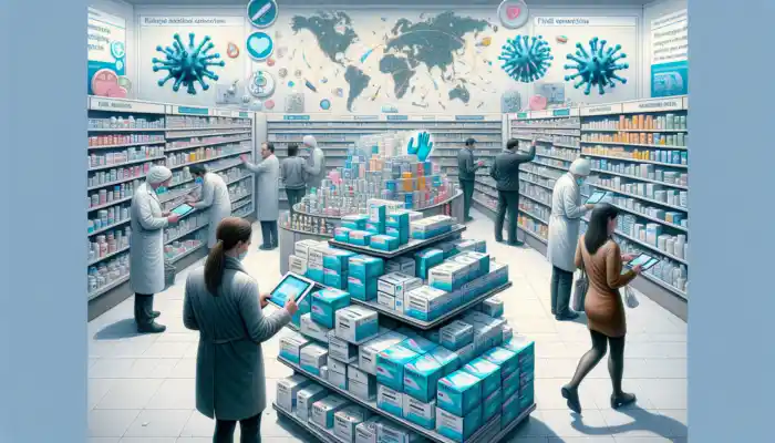 A busy pharmacy in Cheltenham with partially empty shelves of blue nitrile gloves; anxious customers and flu posters are visible, along with a clerk using a tablet.