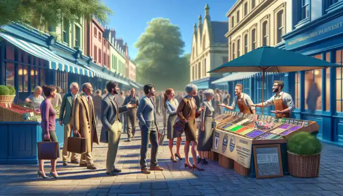 A vibrant Cheltenham market featuring a trusted local supplier showcasing certified UK-compliant products to engaged customers.