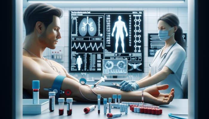 A nurse draws blood from a patient's arm in a sterile lab, surrounded by test tubes, a computer showing testosterone graphs, and bright lighting.