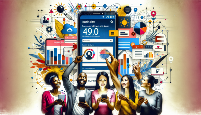 Illustration of a responsive mobile website for Sherborne businesses, adapting to smartphones and tablets, with fast animations, voice navigation, and happy diverse users.