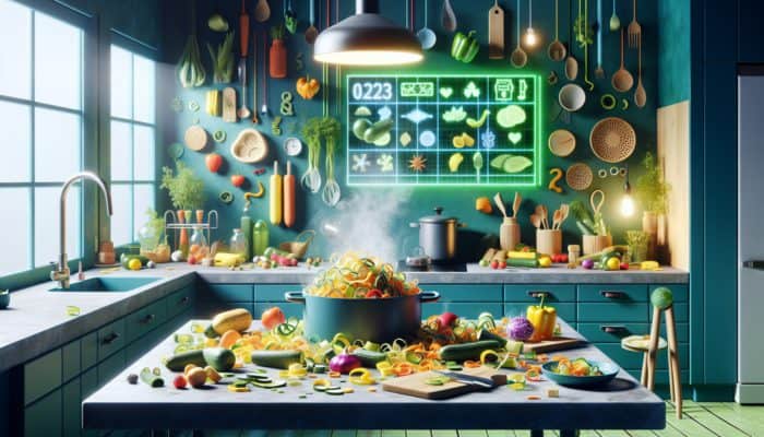 A vibrant kitchen scene showcasing vegetable peels being transformed into nutritious stock, illustrating eco-friendly upcycling.