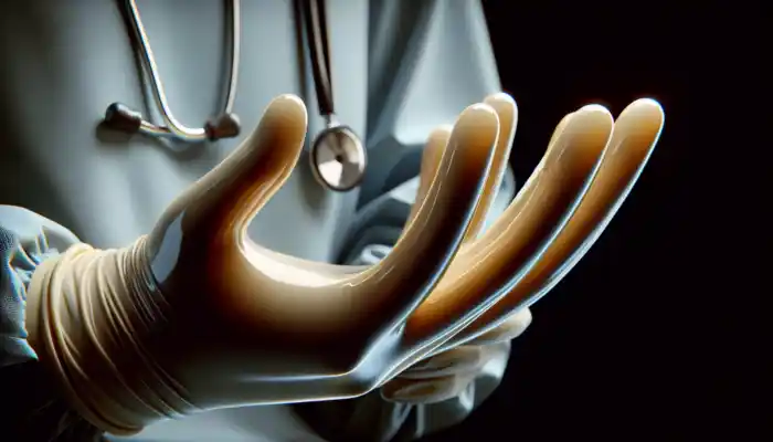 Close-up view of shiny, elastic latex gauntlet gloves worn by a healthcare worker in a UK facility, showcasing barrier protection and hygiene standards.