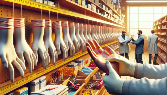 A vibrant UK glove shop with shelves filled with various latex gauntlet gloves, as a consultant measures a hand for the perfect fit and safety.