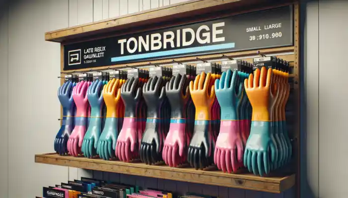 A display showcasing latex gauntlet gloves in sizes from small to extra-large, featuring long cuffs and textured grips, arranged in various colours on a Tonbridge shelf.
