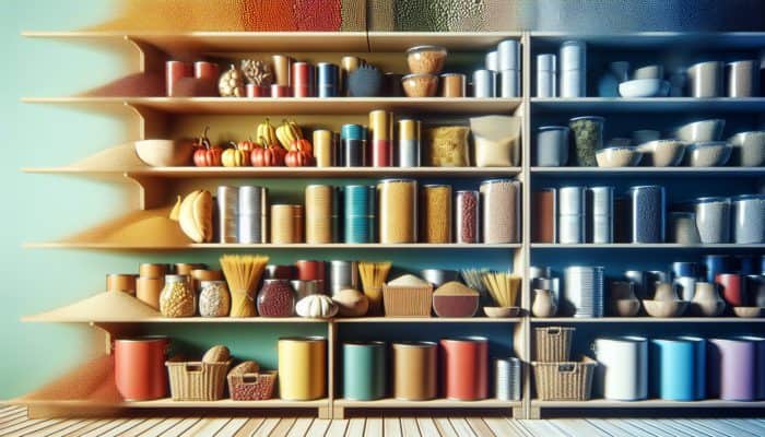 Neatly arranged canned goods, dried beans, rice, and pasta on shelves in a compact urban pantry, highlighted by soft lighting for health and convenience.