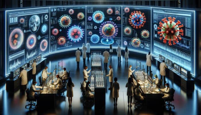Futuristic command centre with diverse scientists analysing holographic virus models and data screens, while medical teams vaccinate communities.