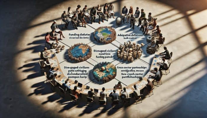 Diverse group brainstorming pandemic strategies in a dimly lit community centre, discussing funding shortfalls, citizen engagement, and training.