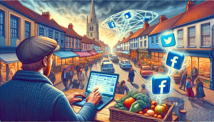 Internet Marketing for Tewkesbury Small Businesses: A small business owner in Tewkesbury uses a laptop at a market stall to display Facebook and Instagram ads, with floating social media icons.