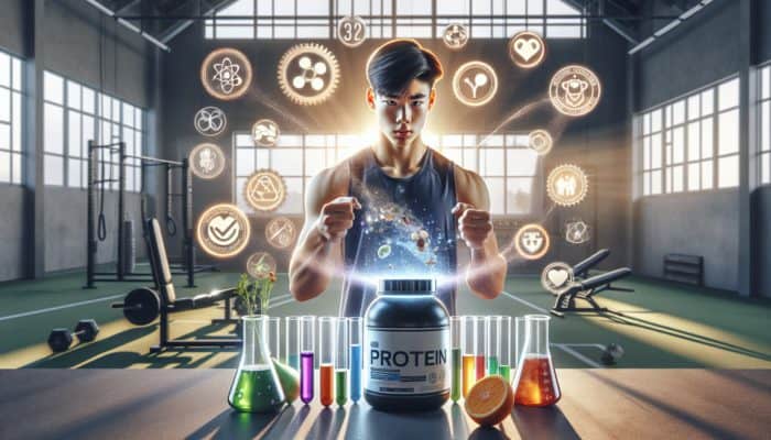 A determined teen athlete in a sunny gym holds a certified protein powder container, surrounded by lab test tubes and fresh ingredients.